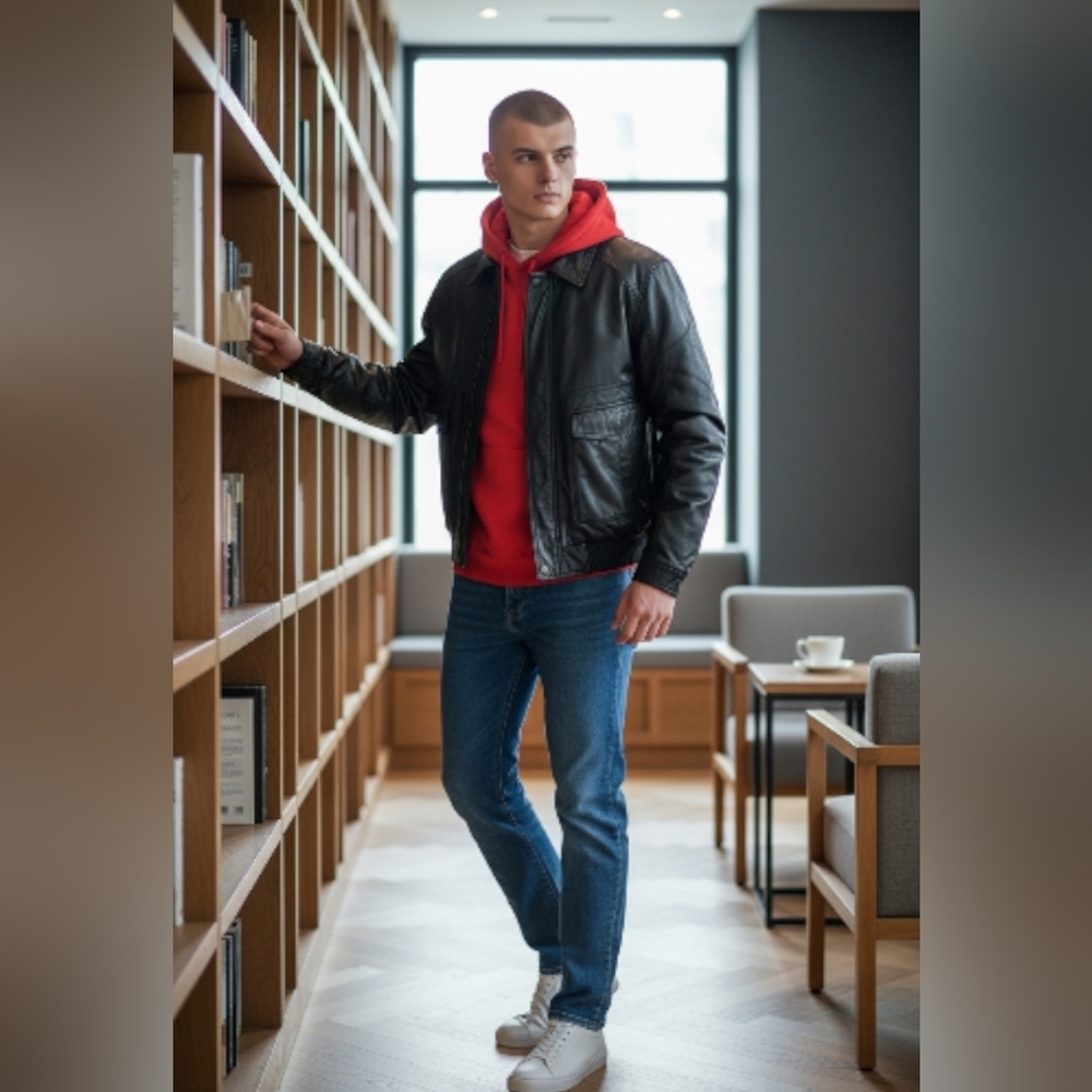 Vintage Stratojac Jacket Men XL Black Geniune Leather Bomber Relaxed Fit 90s